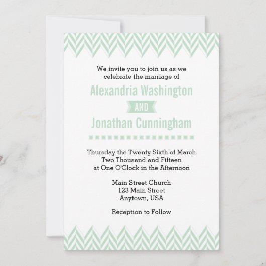 Mint Green White Herringbone Wedding Invitation Kaart (Voorkant)