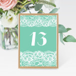 Mint Green White Lace Romantique Numéro de table<br><div class="desc">Customisez la couleur de cette carte de numéro de table sexy et sophistiquée, parfaite pour une douche nuptiale ou un déjeuner de bachelorette. Travaillerait aussi pour l'anniversaire spécial de votre fille comme Quinceañera ou la douce fête 16. Mise à jour des numéros avant et arrière ensemble. Remarque : Commande 1...</div>