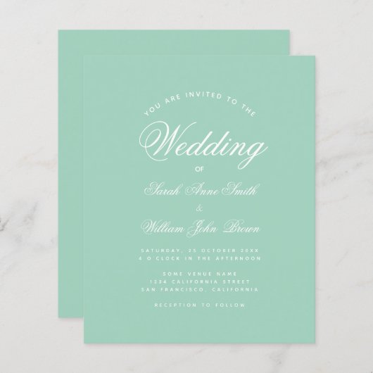 Mint Green White Script Budget Wedding Invitation (Voorkant / Achterkant)