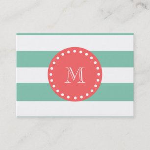 Mint Green White Stripes Pattern, Coral Monogram Visitekaartje