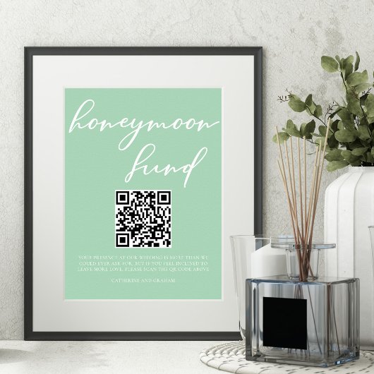 Mint Green White Wedding Honeymoon Fund QR-code Poster
