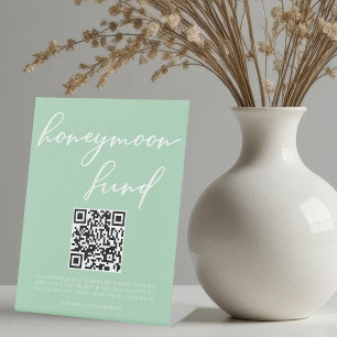 Mint Green White Wedding Honeymoon Fund QR-code Reclamebord Met Voetstuk