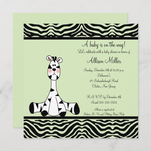 Mint Green Zebra Neutraal Baby shower Uitnodiging (Voorkant / Achterkant)