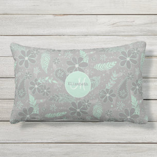Mint Grey Boho Bloemen Veren Patroon Outdoor Buitenkussen