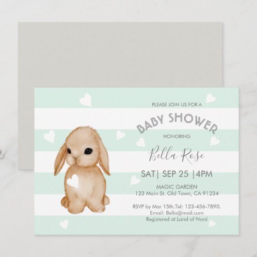 Mint Grey Bunny Baby Shower Invitations (Devant / Derrière)