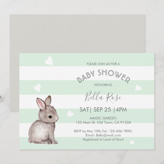 Mint Grey Bunny Baby Shower-uitnodigingen Kaart (Voorkant / Achterkant)