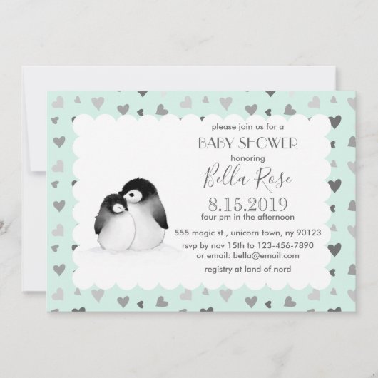 Mint Grey Hearts Penguins Baby Shower Invitations (Devant)