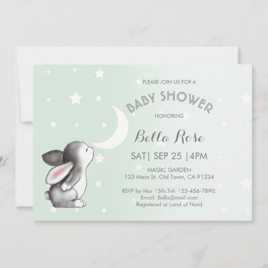Mint Grey Moon Stars Bunny Baby Shower Invitaties Kaart (Voorkant)