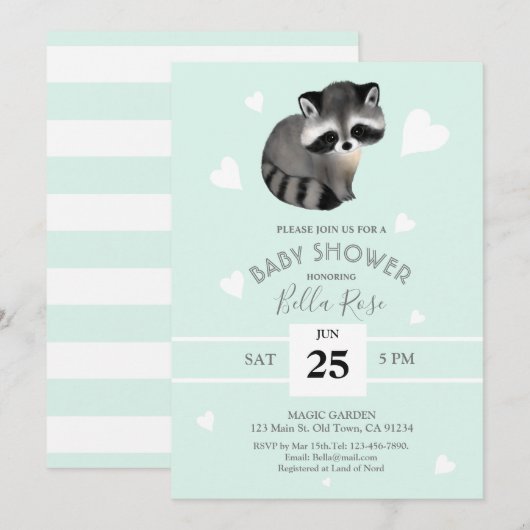 Mint Grey Raccoon Baby Shower Invitations (Devant / Derrière)