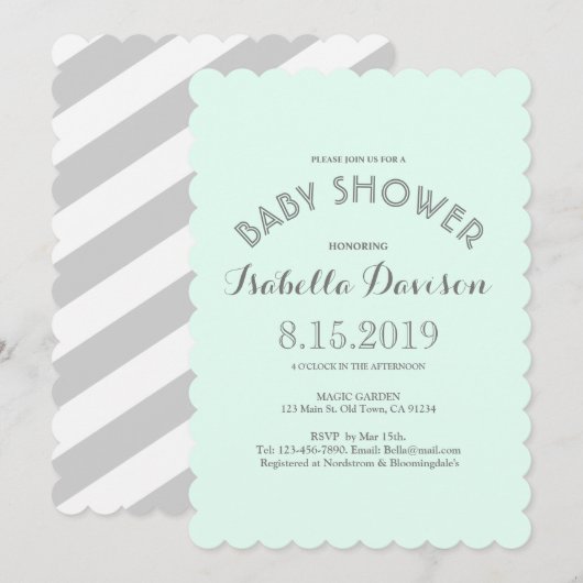 Mint Grey White Stripes Baby shower Kaart (Voorkant / Achterkant)