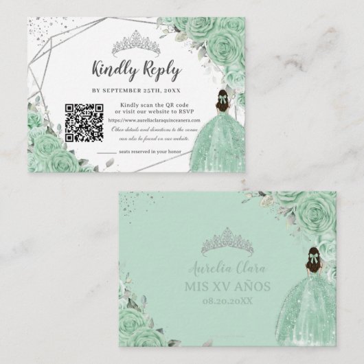 Mint Groen Bloemen Zilver Quinceañera QR Code RSVP Informatiekaartje (Voorkant / Achterkant)