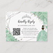 Mint Groen Bloemen Zilver Quinceañera QR Code RSVP Informatiekaartje (Voorkant)