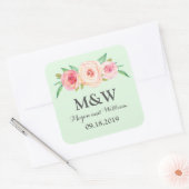 Mint Groen Blush Roze Bloemen Monogram Bruiloft Vierkante Sticker (Envelop)
