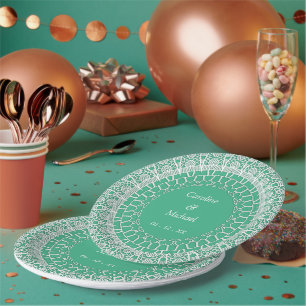 Mint Groen Elegant Bruiloft Feesten Wit Kant Papieren Bordje