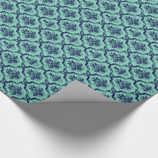 Mint-groen en blauw Floral Damasthatten Patroon Cadeaupapier (Hoek)