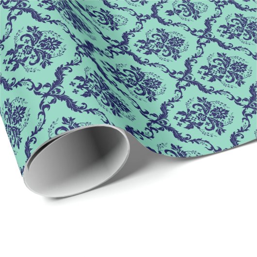 Mint-groen en blauw Floral Damasthatten Patroon Cadeaupapier (Rol Hoek)