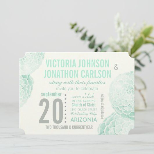 Mint Groen en Grijs Succulent Moderne Bruiloft Kaart (Staand voorkant)