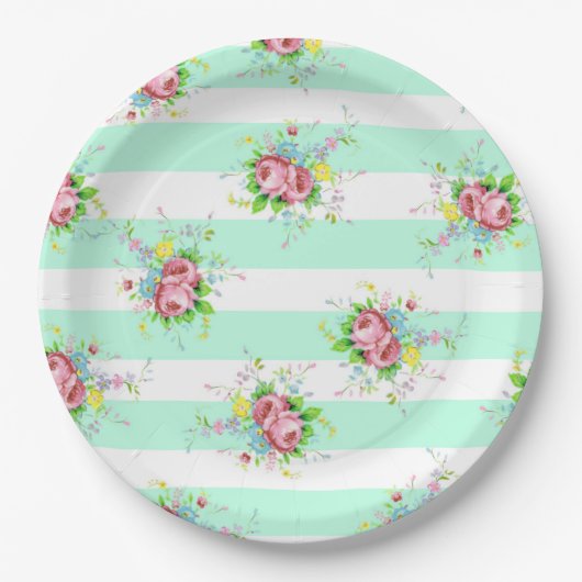 Mint Groen en Roze Bloemen Dinner Paper Borden Papieren Bordje (Voorkant)