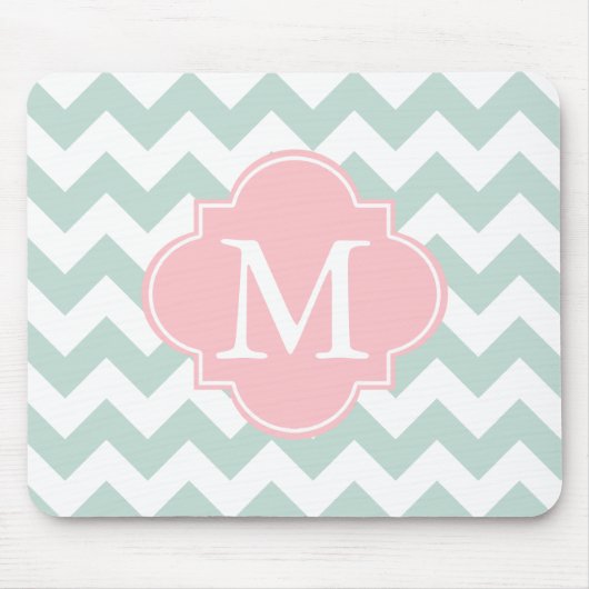 Mint Groen en Roze Moderne Chevron Custom Monogram Muismat (Voorkant)