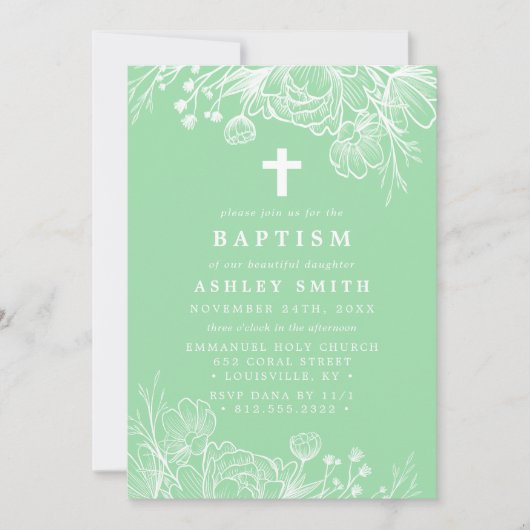 Mint groen en wit bloemendoop kaart (Voorkant)