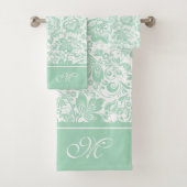 Mint-groen en wit  damast monogram bad handdoek (Insitu)