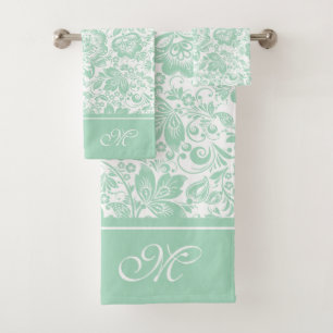 Mint-groen en wit damast monogram bad handdoek