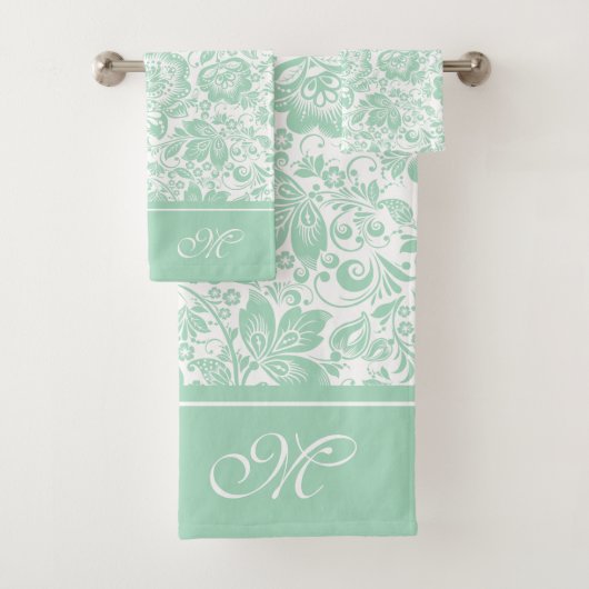 Mint-groen en wit  damast monogram bad handdoek (Insitu)