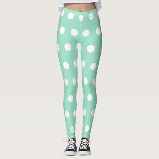 Mint Groen en Wit Polka Dot Pattern Girly Schattig Leggings (Voorkant)