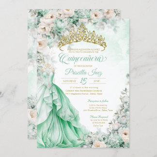 Mint Groen Goud Elegante Prinses Quinceañera Kaart