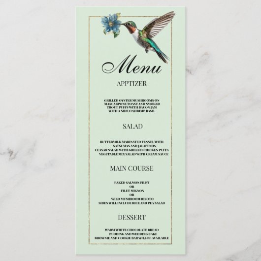 Mint groen goud kleurrijke kolibrie Bruiloft Menu (Voorkant)