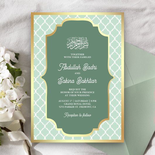 Mint Groen Goud Quatrefoil Patroon Moslim Bruiloft Kaart