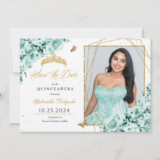 Mint Groen & Goud Quinceañera Sla de datum Foto Kaart (Voorkant)