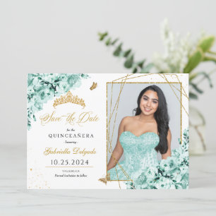 Mint Groen & Goud Quinceañera Sla de datum Foto Kaart