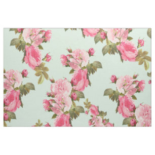 Mint Groen met Roze Bloemen Stof
