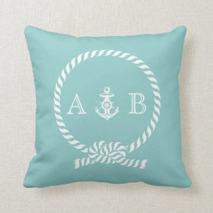 Mint groen nautisch touw en anker monogram kussen