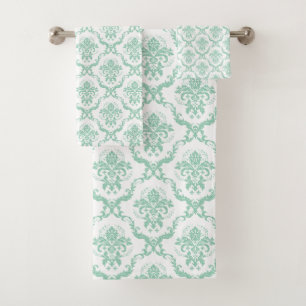 Mint groen op wit bloemendamast patroon bad handdoek