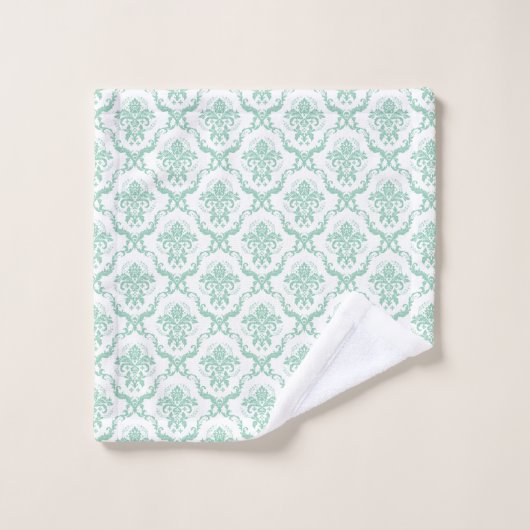 Mint groen op wit bloemendamast patroon bad handdoek (Wasdoekje)