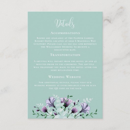 Mint Groen Paarse Bloemen QR Code Detail Huwelijk Informatiekaartje (Voorkant)