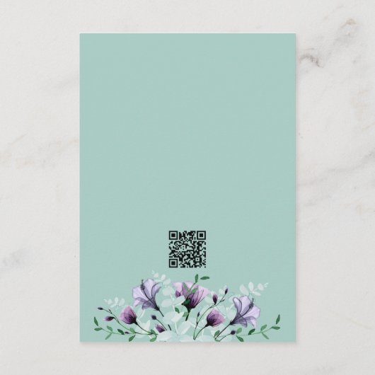 Mint Groen Paarse Bloemen QR Code Detail Huwelijk Informatiekaartje (Achterkant)