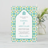 Mint Groen Perzisch Mozaïek QR Code Moslim Bruilof Kaart (Staand voorkant)