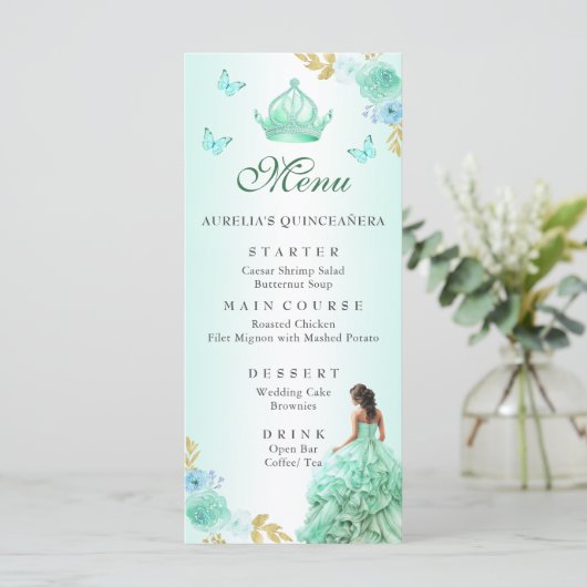 Mint Groen Prinses Jurk Quinceañera Verjaardag Menu (Staand voorkant)