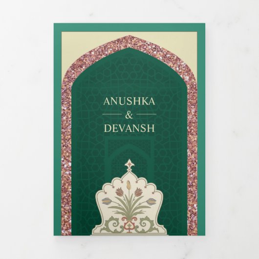 Mint Groen Roos Gouden Glitter Indiase bruiloft Drieluik Uitnodiging (Cover)