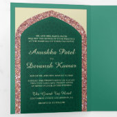 Mint Groen Roos Gouden Glitter Indiase bruiloft Drieluik Uitnodiging (Binnenzijde eerst)