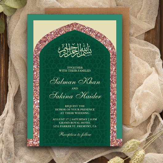 Mint Groen Roos Gouden Glitter Mihrab Moslim Bruil Kaart
