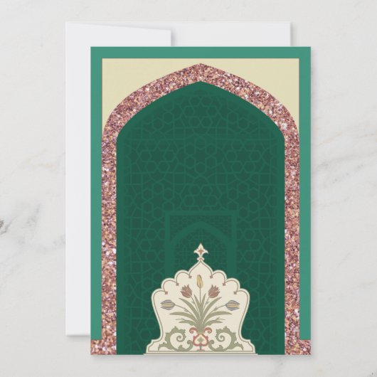 Mint Groen Roos Gouden Glitter Mihrab Moslim Bruil Kaart (Achterkant)