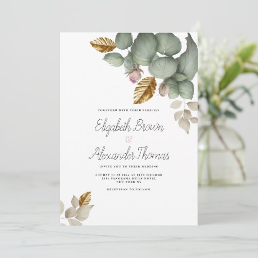 Mint groen roze gouden gebladerte bloemen bruiloft kaart (Staand voorkant)