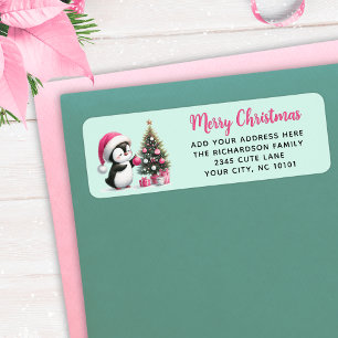 Mint Groen Roze Vrolijk Kerstplezier Penguin Moder Etiket