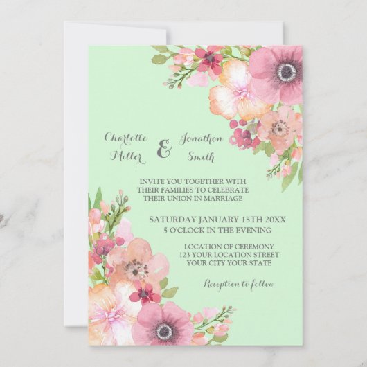 Mint Groen Rustiek Roze Bloemen Huwelijksuitnodigi Kaart (Achterkant)