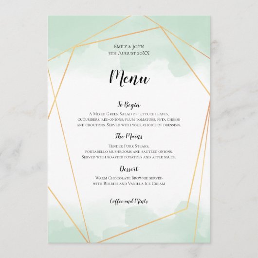 Mint Groen Waterverf Goud Geometrisch Lijst Bruilo Menu (Voorkant)