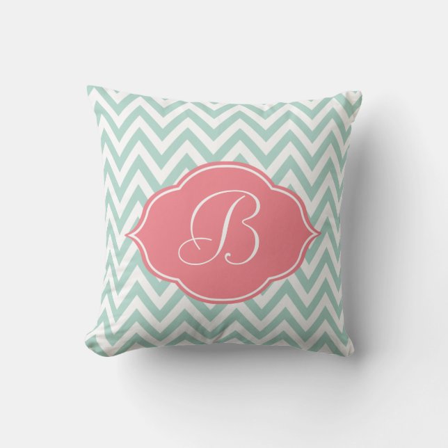 Mint Groen Wit Chevron Licht Roze Monogram Kussen (Voorkant)